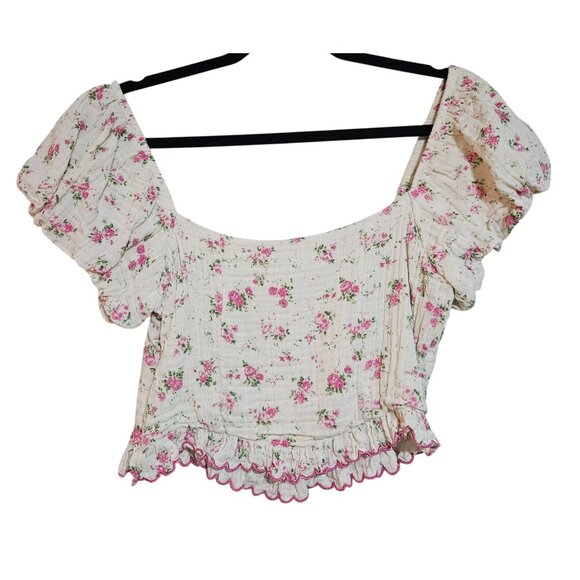 Floral Puff Sleeve Smocked Crop Top With Ruffle Hem Spring - Picture 2 of 14